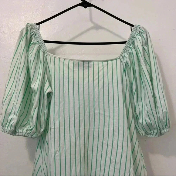 ASOS DESIGN bow front mini dress in green and white stripe puff sleeves Size 10 - Picture 6 of 10